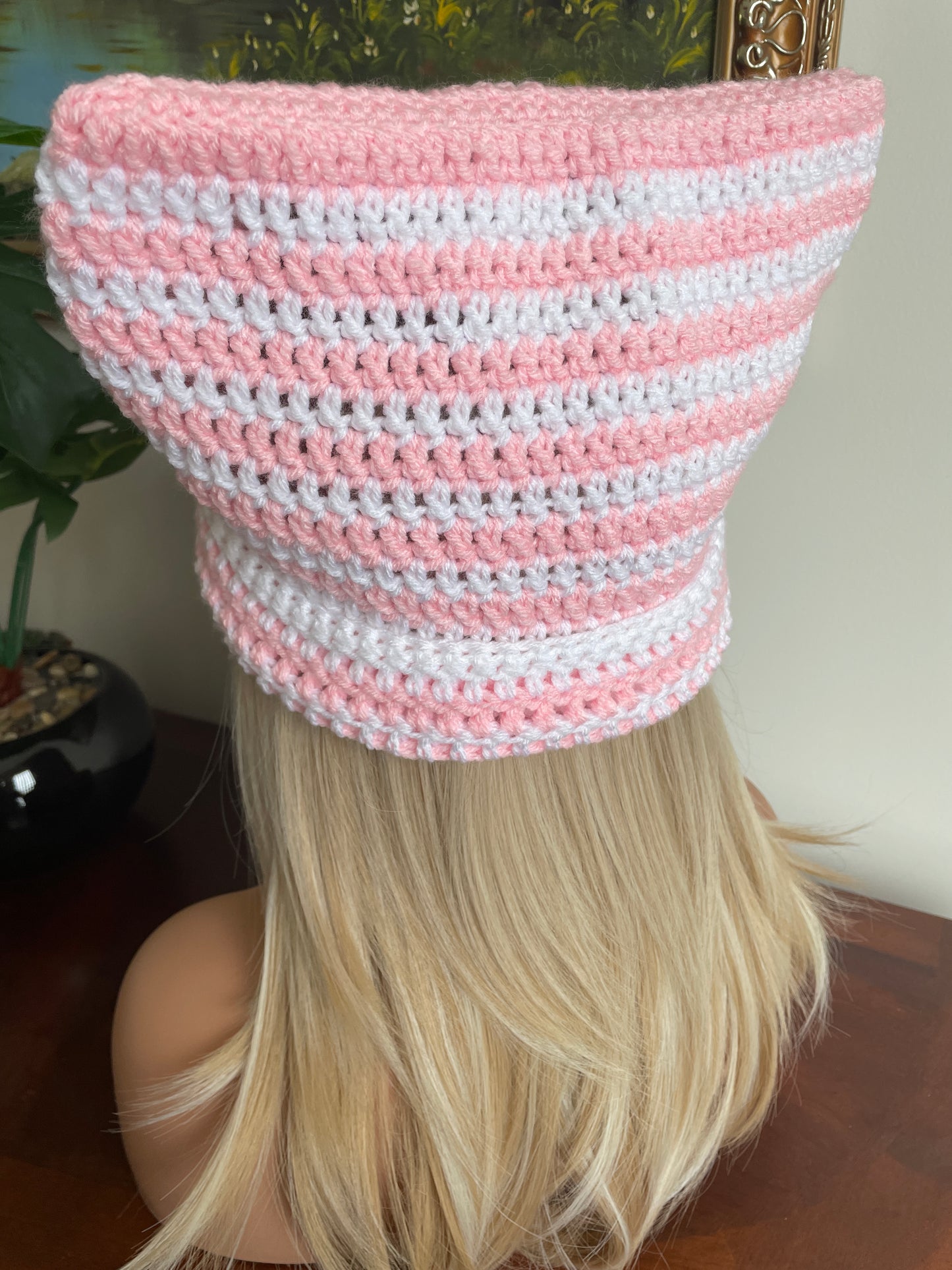 Cat Ear Beanie Hat - White and Pink