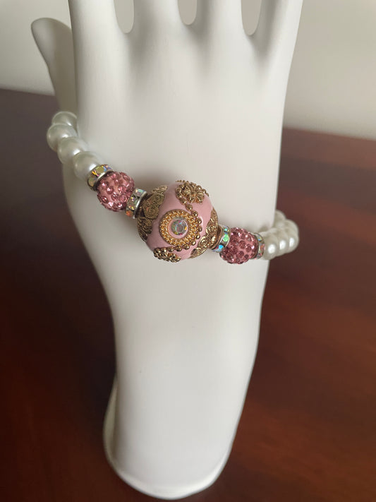 Pink and White Beaded Bracelet - Handcrafted