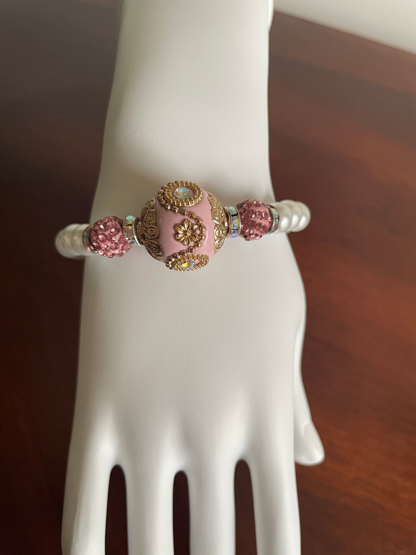 Pink and White Beaded Bracelet - Handcrafted