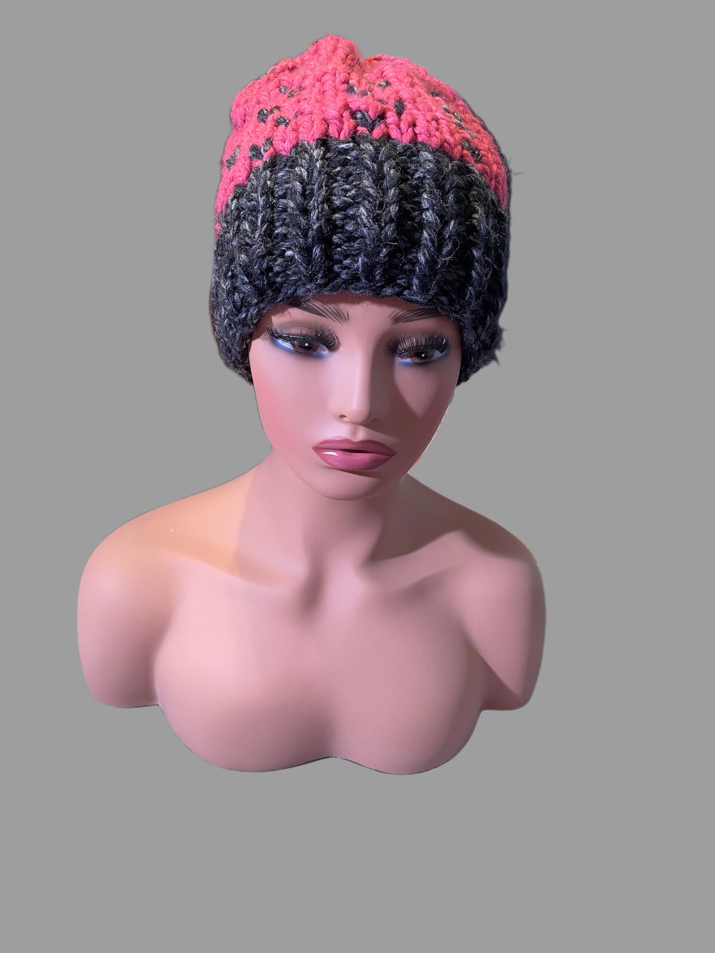 Handmade black and pink with hearts beanie hat