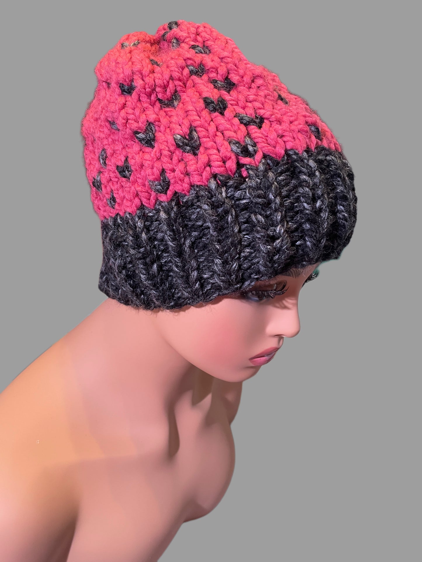 Handmade black and pink with hearts beanie hat