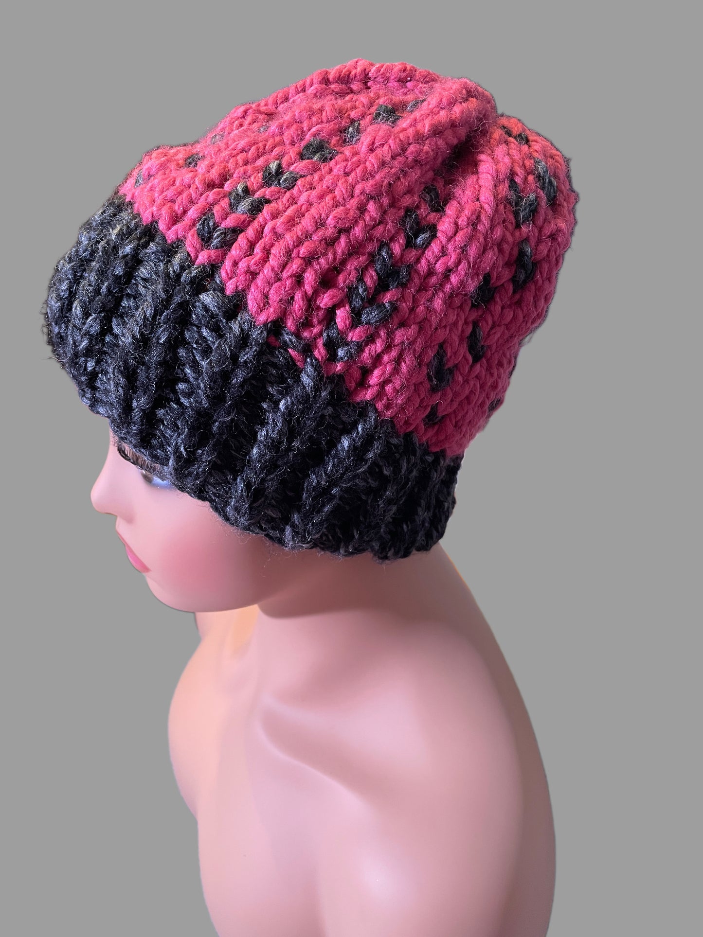 Handmade black and pink with hearts beanie hat