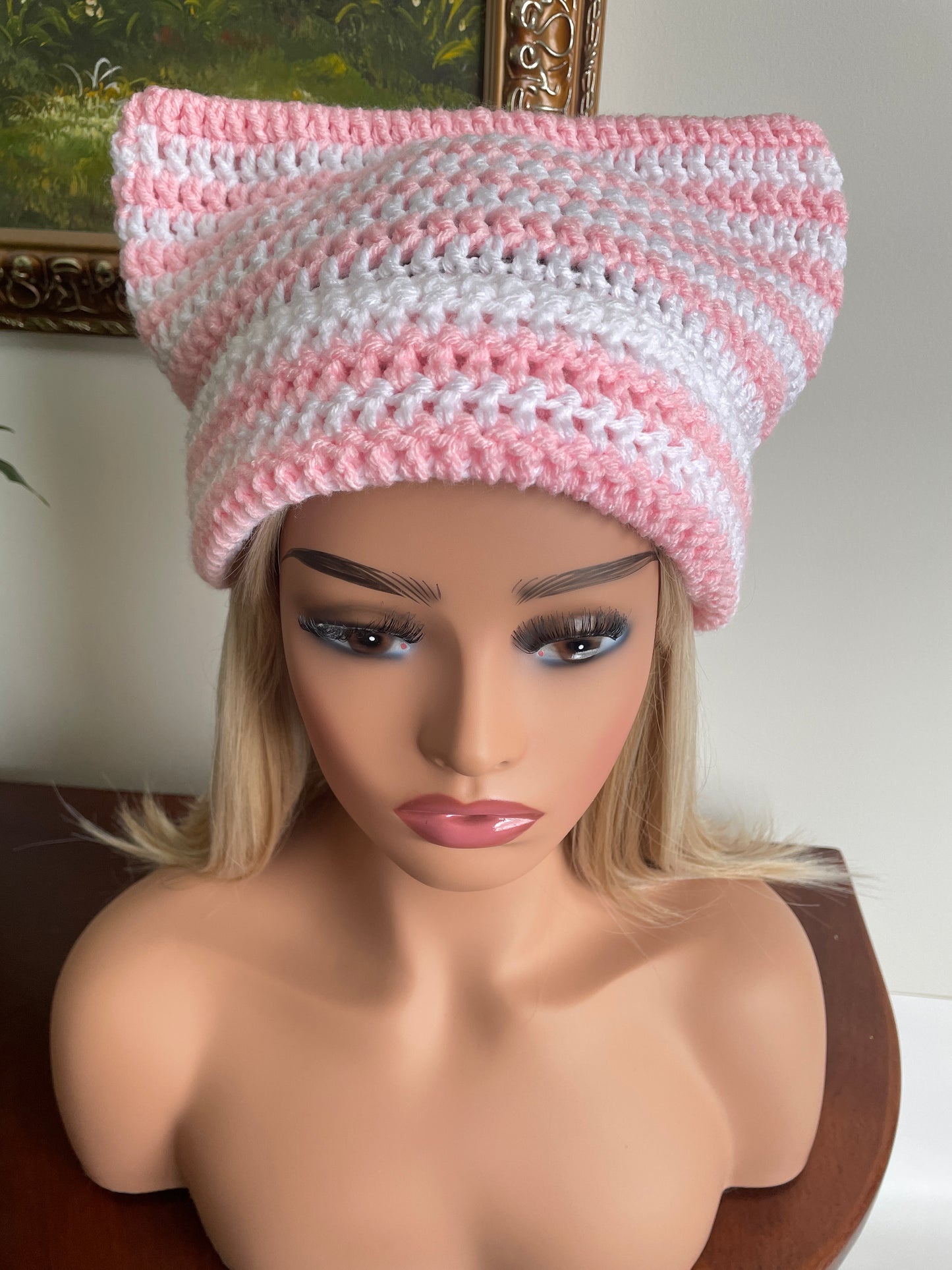 Cat Ear Beanie Hat - White and Pink