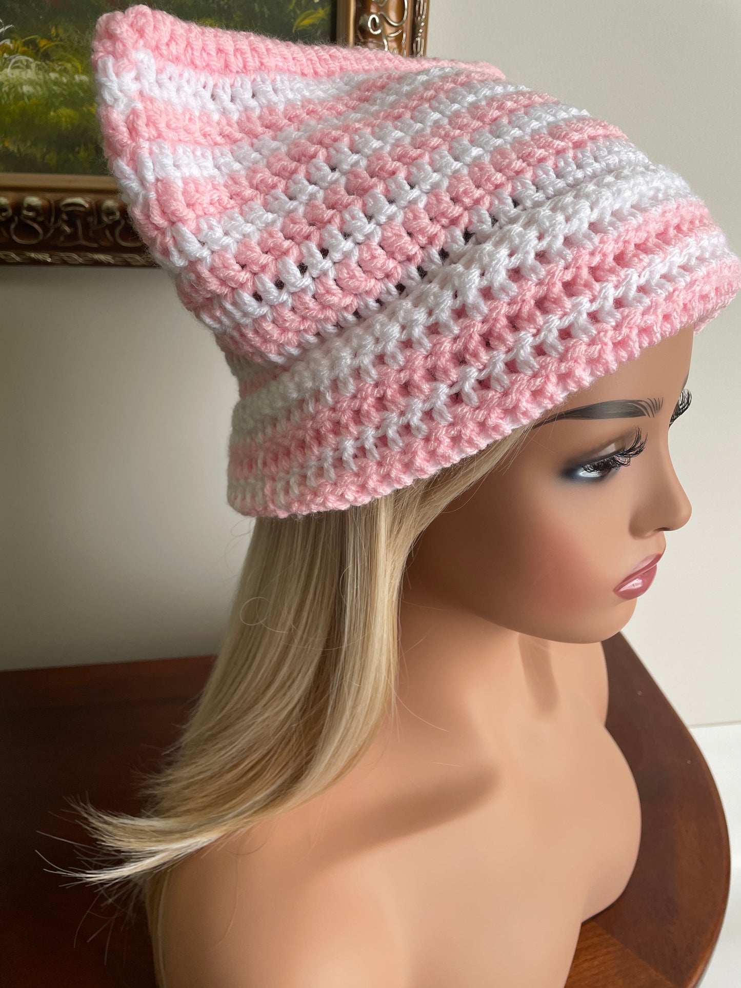 Cat Ear Beanie Hat - White and Pink