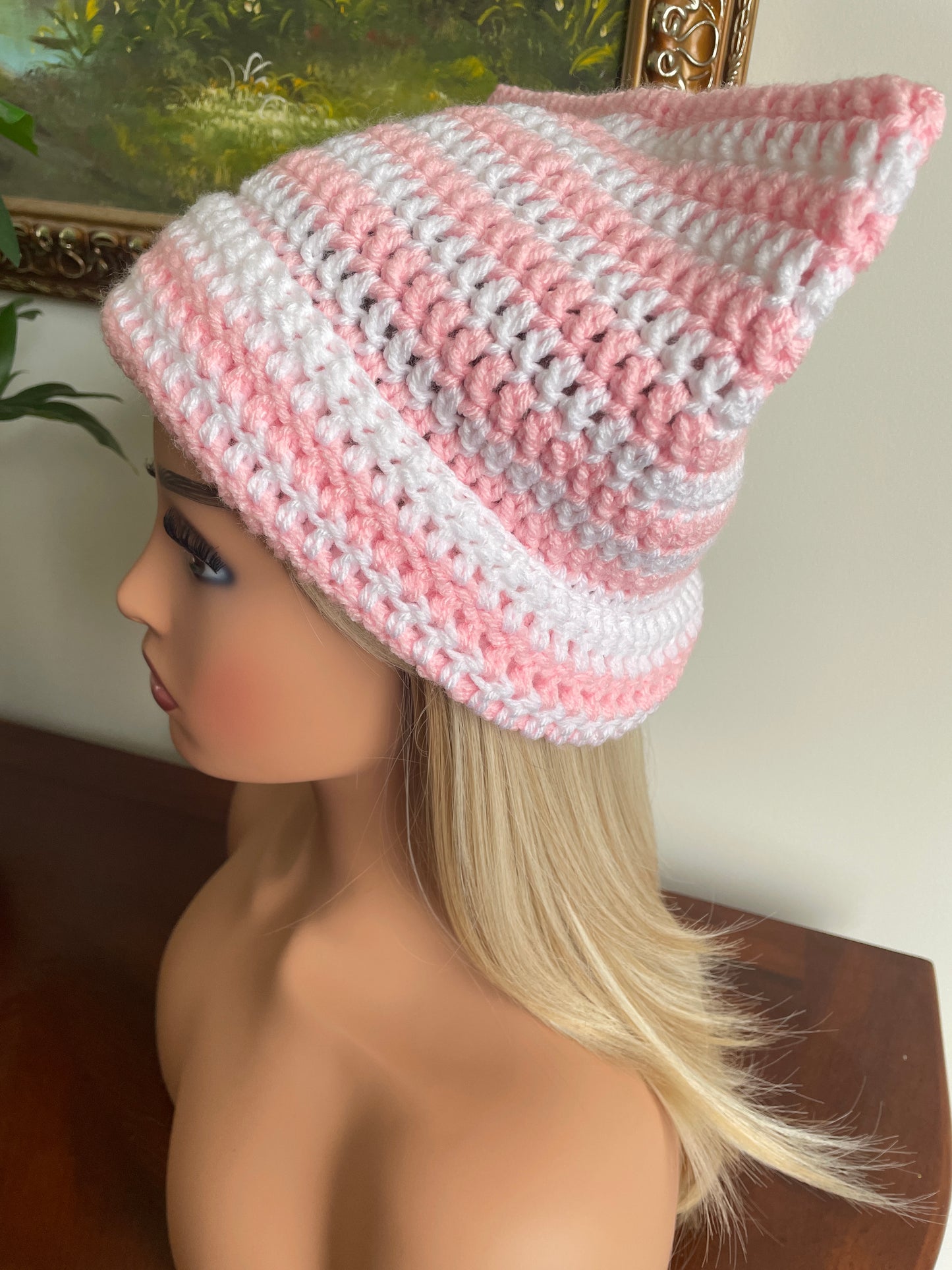 Cat Ear Beanie Hat - White and Pink