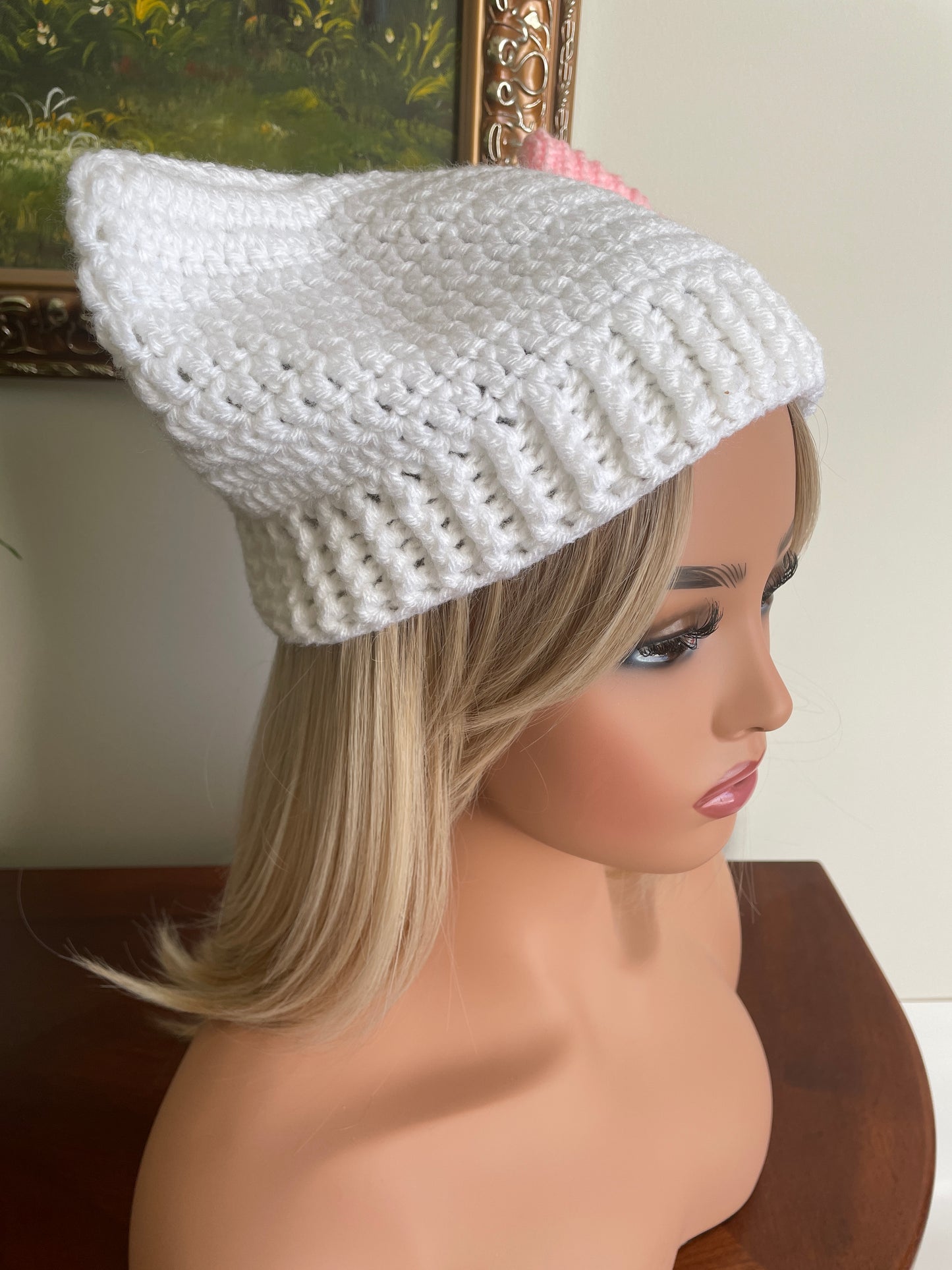 Cat Ear Beanie Hat - White with Pink Bow