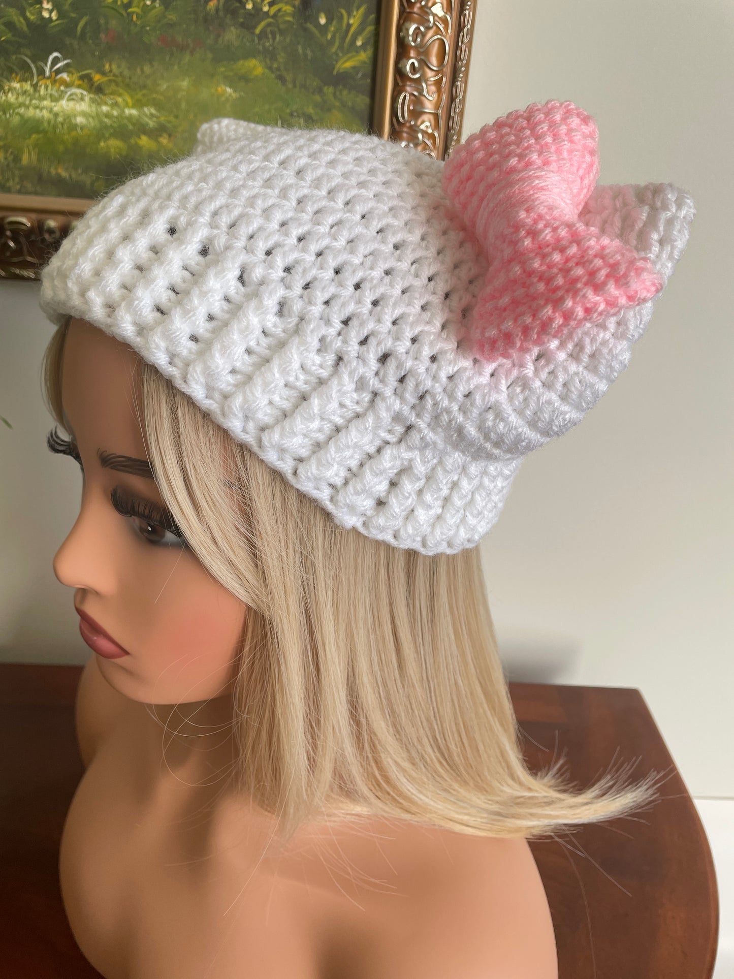 Cat Ear Beanie Hat - White with Pink Bow