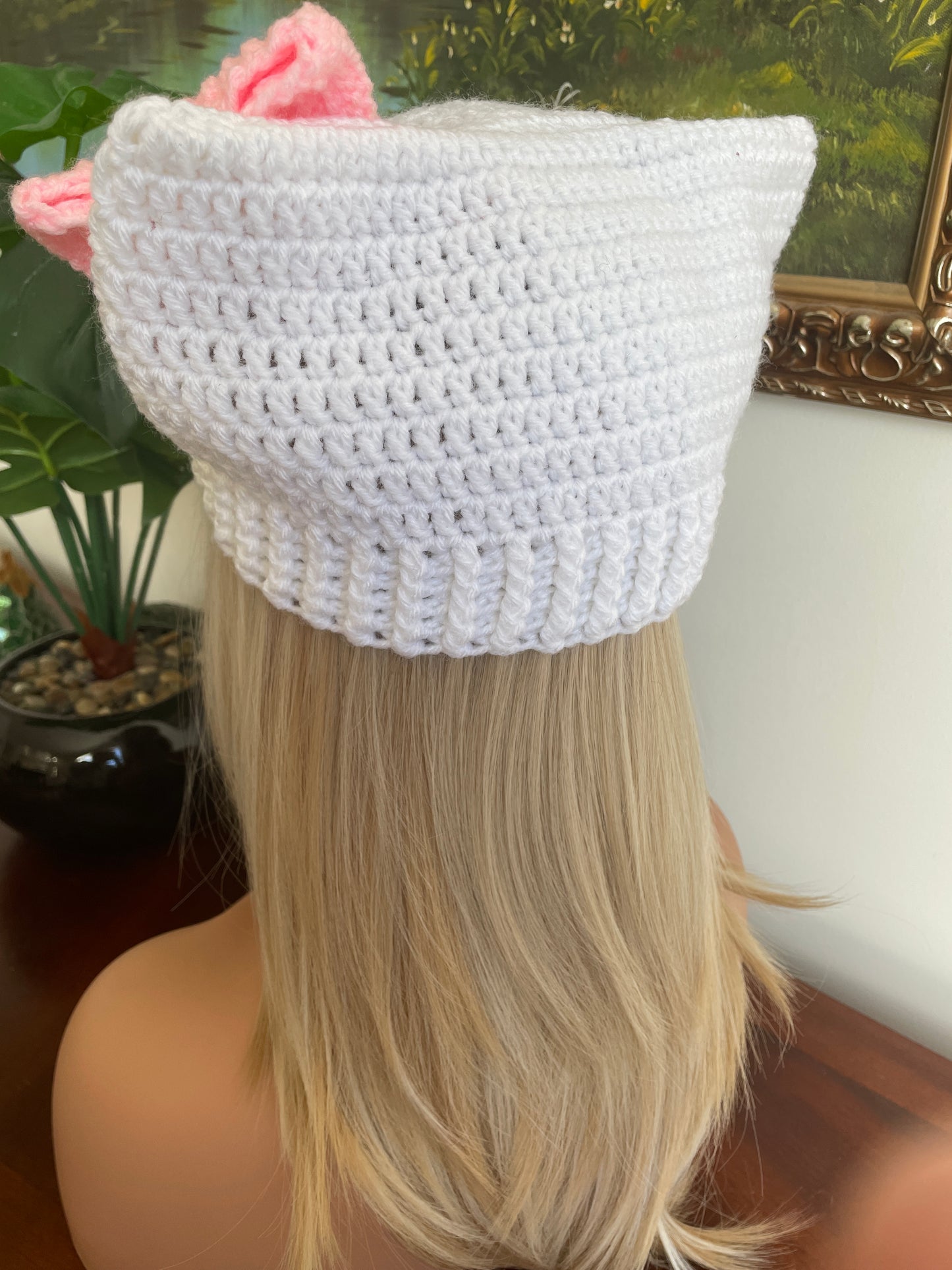 Cat Ear Beanie Hat - White with Pink Bow