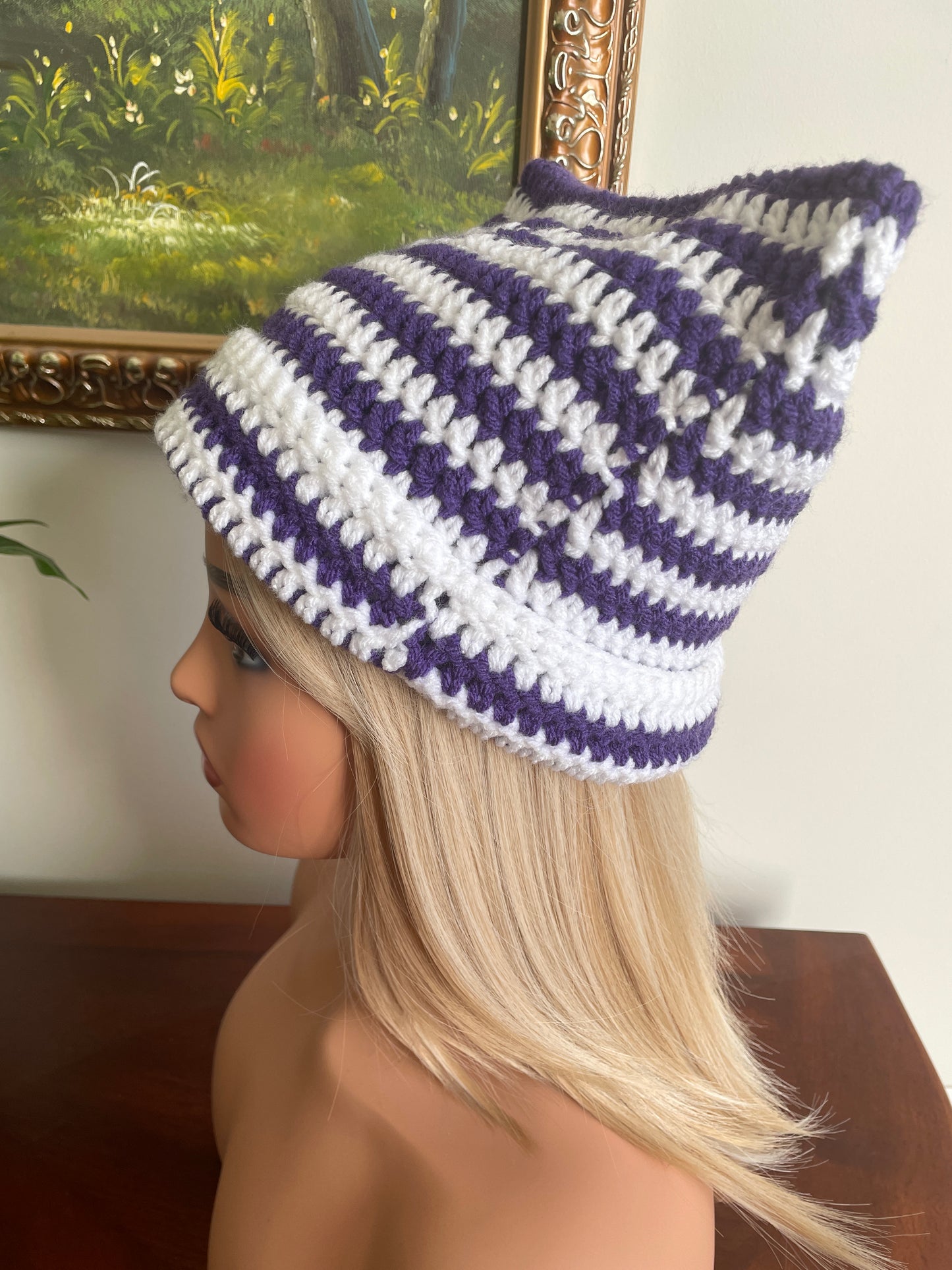 Cat Ear Beanie Purple and White