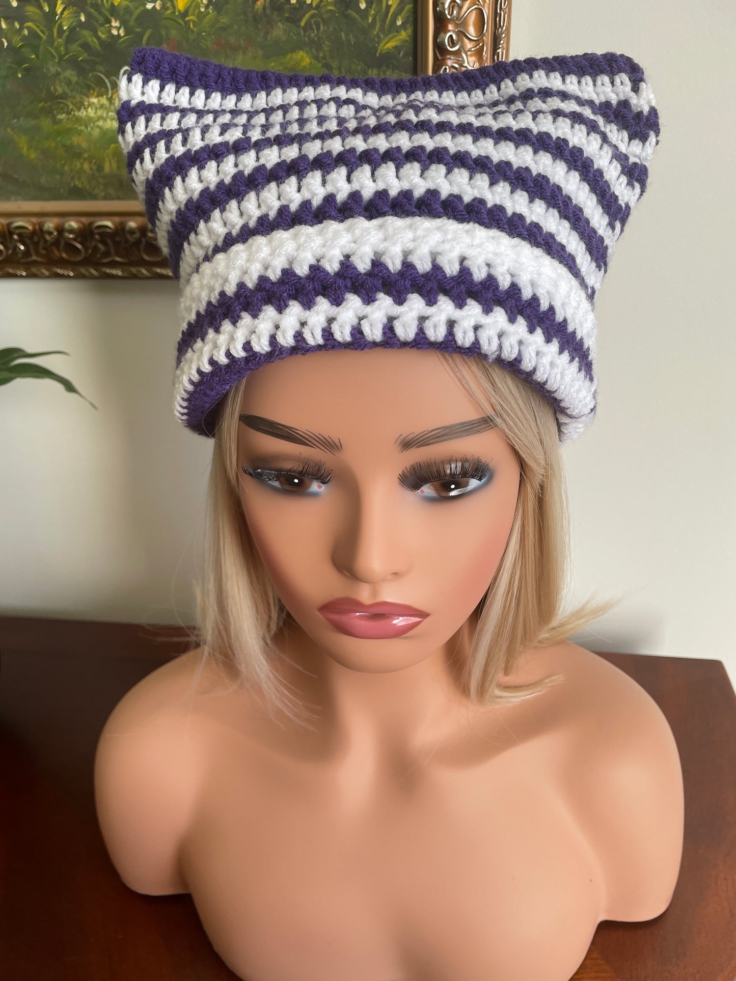 Cat Ear Beanie Purple and White