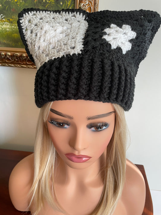 Granny Square Cat Beanie Hat