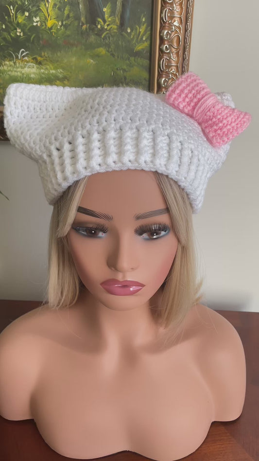 Cat Ear Beanie Hat - White with Pink Bow
